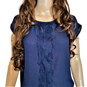 JOE FRESH Cap Sleeve Sheer Navy Blouse  Size Large